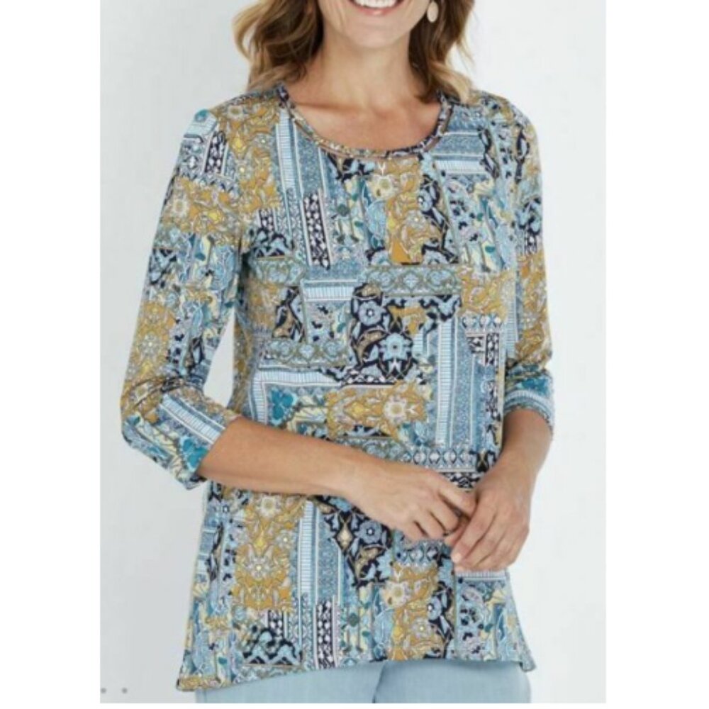 Chico's‎ Soft Stretch Round Neck Abstract Print 3/4 Sleeve Casual Top XL